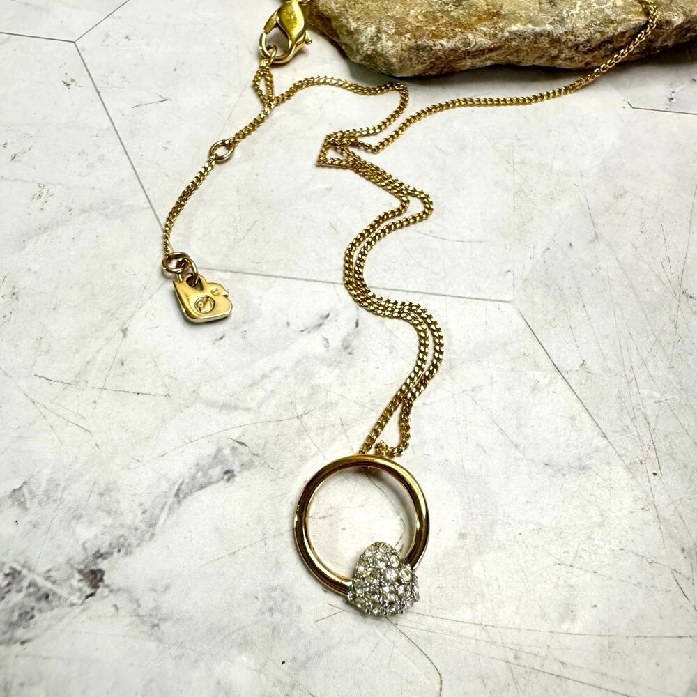 Vintage Swarovski Pave Heart Necklace Gold Tone Clear Crystal Circle Pendant 17"